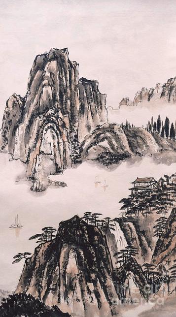 Yangze River in Autumn - is a brush painting in traditional Chinese free style technique (shan shui) with ink on rice paper.