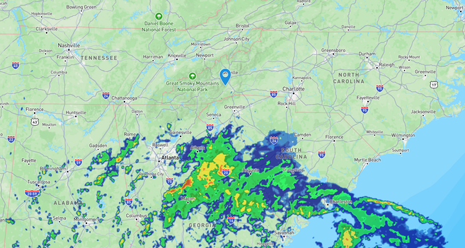 A WeatherBug screencap showing a large, diffuse blob of weather wiggling it's way to the NW from GA and off the Atlantic coast.

Things like this have a way of washing out before reaching us, but hoping for a manageable, finite and gentle rain, to perhaps help with the smoky skies.

We're hearing thunder.