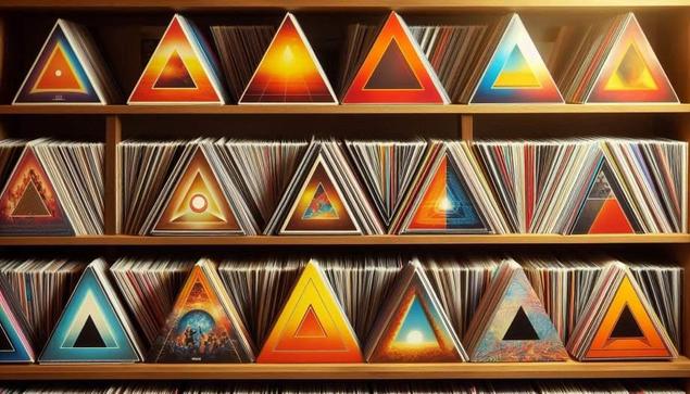 A shelf full of triangular records.