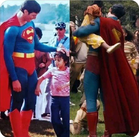 Side-by-side photos from the movies Superman II (with Christopher Reeve as Superman) and the upcoming Superman movie, starring David Cornswet. Both images show the caped Kryptonian interacting lovingly and kindly with small children.