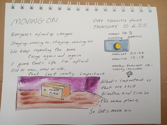 Ink sketches of moon, and a last box in an empty room, lots of text about the moon and moving on