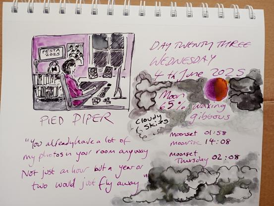 Ink sketches, one is a woman in purple sitting at a desk surrounded by BTS merch, the other is a waxing gibbous moon in grey clouds. Text about BTS and moon and clouds.