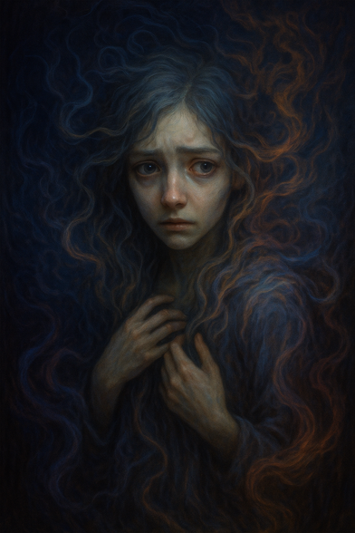 Portrait of a woman with long flowing hair. She looks at us with some fear. She may be crying. The 'painting' exagerrates her hair so it flows all over the canvas. We can see: she is scared.