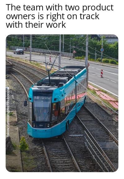 Trolly train straddling two tracks.

Caption: The team with two product owners is right on track with their work