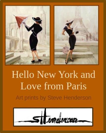 Two art prints of original oil paintings depicting a fashionable woman in a black dress in New York City, on the left, and Paris, France on the right.