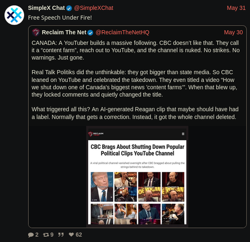 SimpleX's Twitter account retweeting a post defending a right wing propaganda mill.