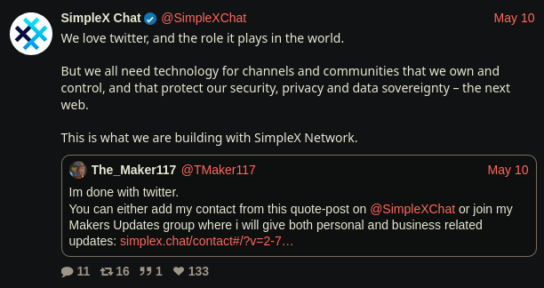 SimpleX's Twitter account saying "we love twitter, and the role it plays in the world."