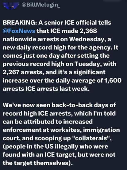 Text from a tweet by Bill Melugin reporting that a senior ICE official announced record high arrests: 2,368 on Wednesday, following 2,267 on Tuesday, highlighting increased enforcement at work sites and among collateral individuals.