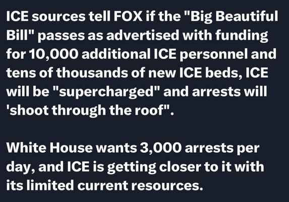 Text from a report discussing ICE's potential increase in personnel and resources if the "Big Beautiful Bill" passes, with implications for a rise in arrests to 3,000 per day.