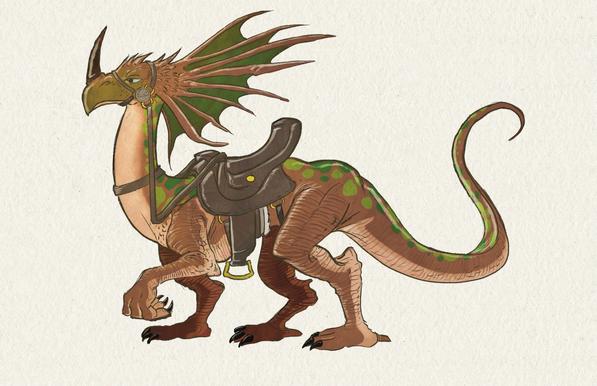 An illustration showing a side view of a four legged fantasy mount creature that is somwhere between a dragon, and a dinosaur of the Dromaeosauridae family. It has a large horne and oversized buccal flaps. The entire creature is in earthy tones with small hints of green. Is is also wearing a leather saddle and harness.
