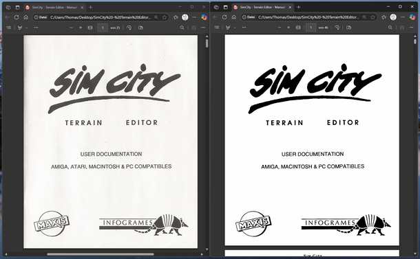 Comparing two, slightly different revisions of the SimCity Terrain Editor manual. The new one lacks the instructions for Atari systems.