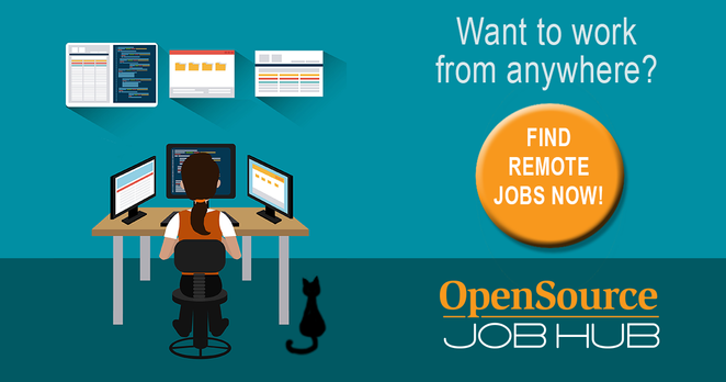 (person sitting at a desk working on a computer with 3 monitors and a black cat sitting on the floor next to them) Want to work from anywhere? Find remote jobs now -- Open Source JobHub