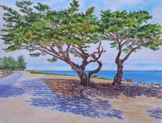 Watercolor painting  of two Monterey cypress trees with shadows on the ground. Monterey Bay behind the trees, pathway to the left.