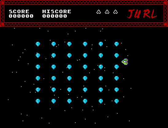 A game screen for a game called Jurl, a top section shows the game title, score, hiscore and lives, the bottom section shows a play area with a grid of diamonds and a screen spaceship