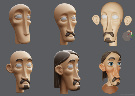 Work in progress stages of a caricatural, stylized male head sculpture.