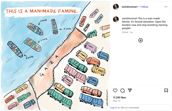 Screenshot of cartoon depicting the forced famine caused by Israel in Gaza. The drawing shows a map of the region with Gaza in the center, fenced off, and surrounded by trucks, trains, and ships waiting outside with food (labeled). Title: "this is a man-made famine."

Author caption from Instagram post:

This is a man-made famine. It’s forced starvation. Open the borders now and stop bombing starving people!

Author is: weirdmomart 

Original link: https://www.instagram.com/p/DJerHdoRmBU/
