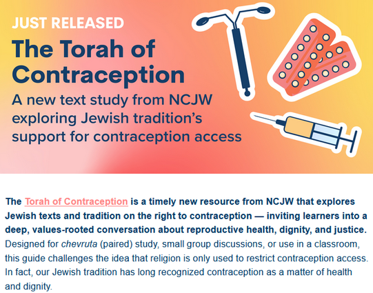 Just Released
The Torah of Contraception
A new text study from NCJW exploring Jewish tradition's support for contraception access

The Torah of Contraception is a timely new resource from NCJW that explores Jewish texts and tradition on the right to contraception — inviting learners into a deep, values-rooted conversation about reproductive health, dignity, and justice. Designed for chevruta (paired) study, small group discussions, or use in a classroom, this guide challenges the idea that religion is only used to restrict contraception access. In fact, our Jewish tradition has long recognized contraception as a matter of health and dignity.

"Tomorrow, June 7, marks the 60th anniversary of Griswold v. Connecticut, the landmark case affirming the right to contraception as part of our constitutional right to privacy. As that right faces escalating threats by extremist lawmakers, NCJW is proud to launch The Torah of Contraception — a timely new resource exploring Jewish texts and tradition supporting the right to contraception.

This tool is an invitation to study, reflect, and act. Rabbi for Repro Leah Berkowitz, who authored the guide, writes: “For thousands of years, the leaders of our faith acknowledged the risks of pregnancy and childbirth, and the many different reasons a person may not want to become pregnant. The biblical commandment to ‘be fruitful and multiply’ was never intended to mean ‘as many children as possible for anyone capable of bearing children’.”