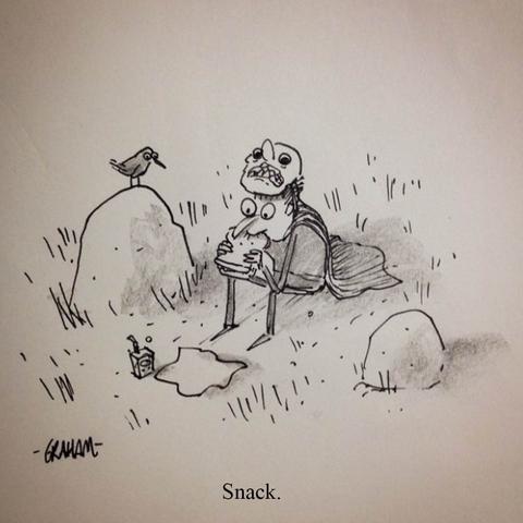 A cartoon illustration of a little boy in a ghoul costume quietly eating a sandwich in a field. Caption reads "Snack."