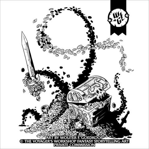 An ink illustration of a large treasure hoard composed of many coins, gems, cups, vials, daggers, swords and a large chest comes to life as if possessed by a demon.
