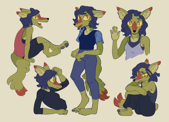 A character design sheet of a greenish coyote with red tipped ears, tail, and top of muzzle. She has mid-length slate blue hair.