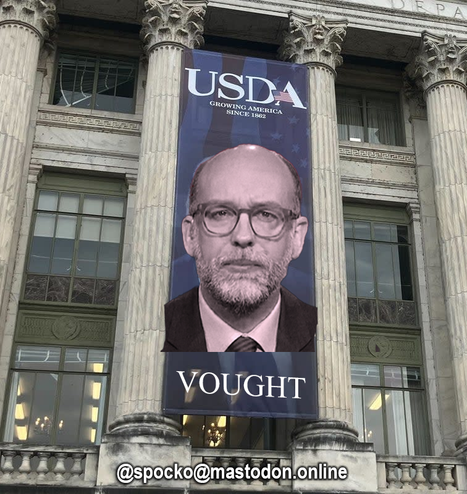 Russ Vought on the USDA building between two pillars is the head of the Office of Management budget and now also in charge of. Doge.