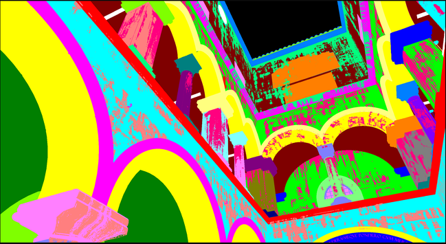 A rather colourful representation of Sponza, where each colour is a different mesh batch