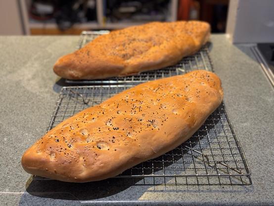 Two quite large ovalish shaped loaves of bread. They are relatively flat as bread goes but about three times the thickness the dough started out as.