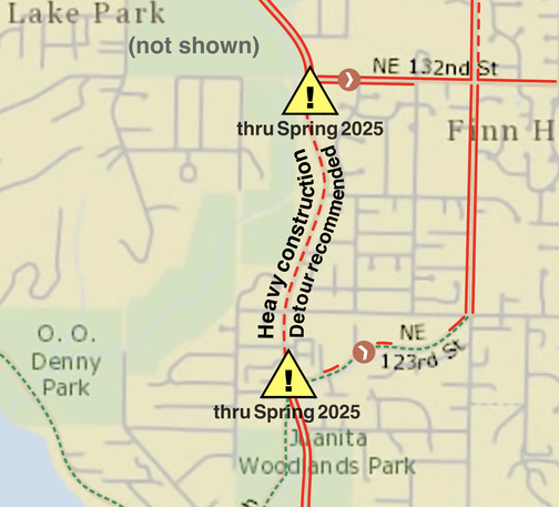 The current release form of Juanita Drive between 123rd and 132nd: heavy construction, detour recommended, and a sharrow line and I was being generous with that.
