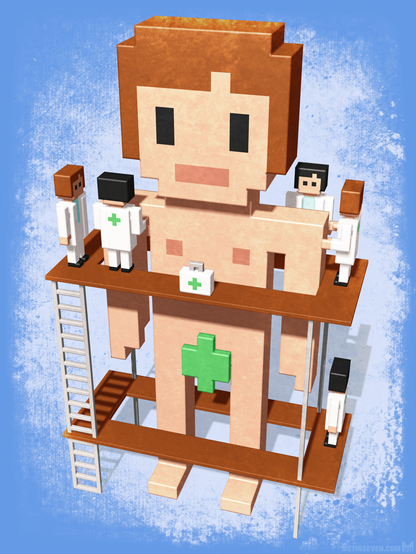 Illustration in a minimalistic voxel style, showing a huge human figure being examined and treated by several medical doctors, standing on a scaffold built around him.