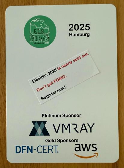 An image of our badge with rounded edges, listing the logos of our main sponsors - this time with sticker that we are nearly sold out, asking to register.