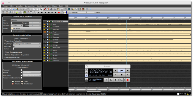 🕶️ A view of its UI (on my PC) with music playing. At the top, the menus and icons, on the left a parameter area, on the rest of the screen on the right, the music timeline, one line per instrument. In the foreground, a VCR-like "Transport" window (included with Rosegarden), with navigation and record buttons.

📚️ Rosegarden is a libre DAW (Digital Audio Workstation) for working with audio and MIDI. It lets you record, orchestrate, edit, mix and dynamically apply effects (via plugins) to the user's musical compositions, on a large number of tracks. It includes everything you need to record and design a complete musical composition in real time, a powerful score editor, and support for external synthesizers and effects plug-ins (via DSSI and MIDI protocols).