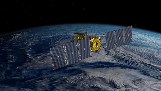 image/jpeg a gold satellite with extended solar panels is shown in orbit around the earth. Image from NASA.