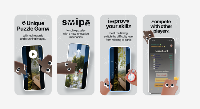 Four promotional App Store screenshots of the PixPuzz mobile game:
	1.	“A Unique Puzzle Game” — shows a vertical image puzzle on a phone screen, with playful cartoon fingers pointing. Caption: “with real rewards and stunning images.”
	2.	“Swipe” — illustrates the core mechanic of swiping puzzle pieces vertically to solve the puzzle. Caption: “to solve puzzles with a new innovative mechanics.”
	3.	“Improve your skills” — highlights different difficulty levels and timing challenges. Caption: “meet the timing, switch the difficulty level from relaxing to panic.”
	4.	“Compete with other players” — shows the leaderboard with user scores and cartoon characters cheering. Caption: “Compete with other players.”

Each screen features cute animated finger characters with eyes and expressive gestures.