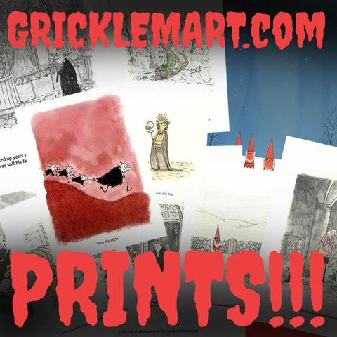 A photo of various prints by Graham Annable. Text over the image reads "Gricklemart.com PRINTS!!!"