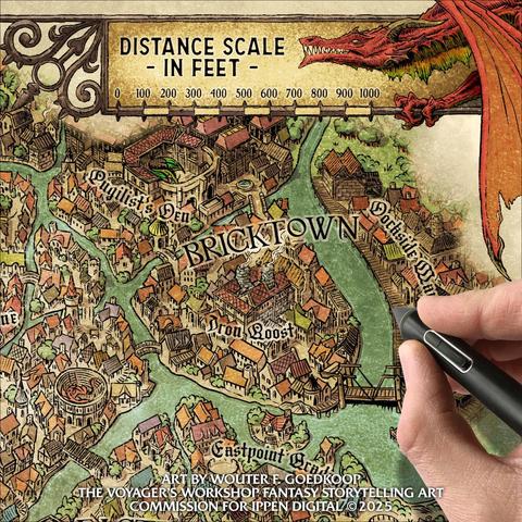 Closeup of a hand drawn isometric city map of Scalebrook.