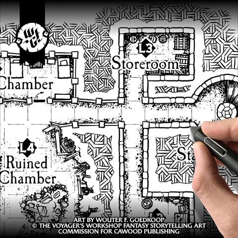 Closeup of a hand drawn dungeon map.