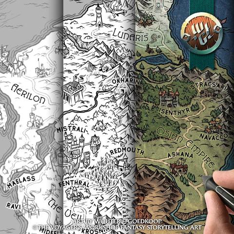 Closeup of the world map of Aelthura, showing the three stages of development: sketch, ink and colour.