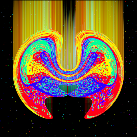 Flat multicolored space ship with two inward-curving prongs in the front and two more rounded inward-curving prongs in the back, speeding through space with yellow speed lines/motion blur behind it, against a backdrop of black with ASCII/ANSI stars made with dots and plusses of different colors