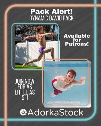Majority grey graphic that reads "Pack alert! Dynamic David Pack. Available for Patrons! Join now for as little as $1! Adorkastock" and feature two images of an athletic white man jumping and swimming.