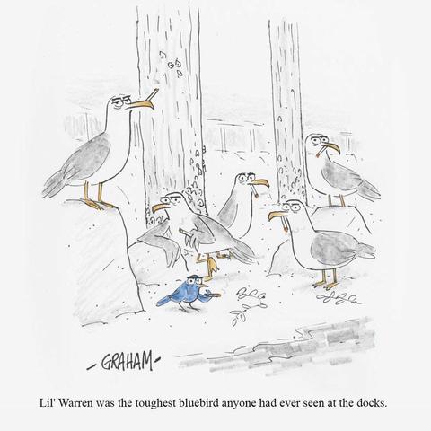 A cartoon illustration of a small mean looking bluebird with a cigarette surrounded by tough looking seagulls who are all smoking cigarettes. Caption reads "Lil' Warren was the toughest bluebird anyone had ever seen at the docks."
