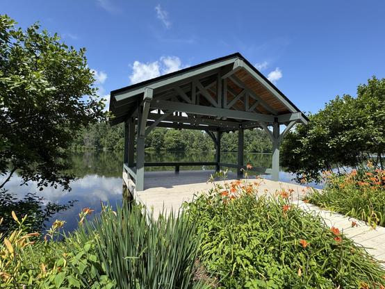 A wooden pavilion with a peaked roof is set out into the lake on a wooden foundation.  It is open on the 3 sides, and what you can see is painted green.  Around the walkway which leads to it are masses of orange daylilies (ditch lilies) and other low plants, in addition to a couple of larger tree-ish plants (no idea the variety.)

The lake behind the pavilion shows the reflection of the sky and the greenery on the far bank.  A very pretty spot.