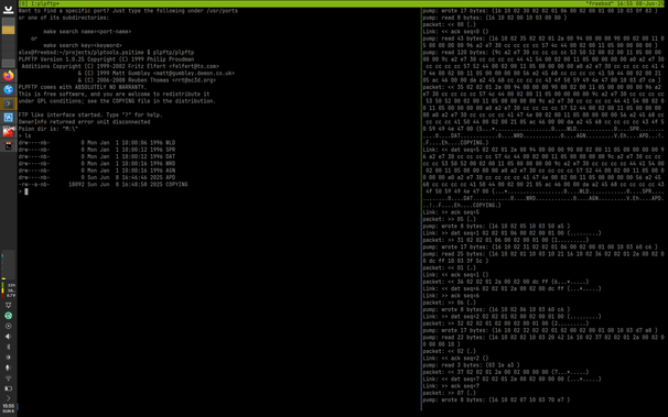 Screenshot of Konsole with an SSH session to a FreeBSD VM. You can see a tmux session with two panes. The right-hand pane is running `ncpd`, the plptools service. The left-hand pane is running `plpftp`, showing a listing from the root of the M: drive on a Psion Series 3c.