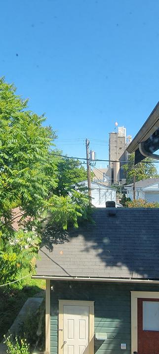 Zoomed out view of the crows showing houses, trees, grain elevators, and clear blue sky