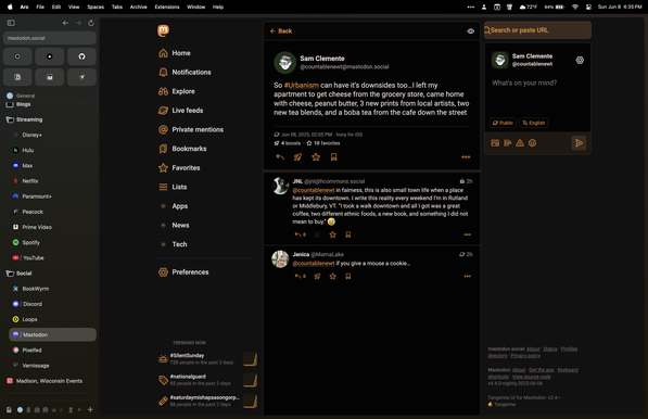 A screenshot of Mastodon in the Arc browser with TangerineUI