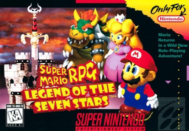 Box art for Super Mario RPG: Legend of the Seven Stars featuring a vibrant, three-dimensional illustration showcasing several key characters from the game. At the center foreground stands Mario, depicted in his classic red hat and blue overalls, striking a confident pose. To Mario’s left is Princess Toadstool (now known as Princess Peach), dressed in her signature pink gown. On Mario’s right is Bowser, looking imposing with his spiked shell and horns. Behind these characters looms a large, menacing sword with a face on its hilt. The background is dark, helping the colorful characters stand out, and the overall composition gives a sense of adventure and fantasy. The game's title logo is displayed prominently at the top, with bold, stylized lettering. The art style is rendered in a way that emphasizes the game's blend of classic Mario charm and the new, role-playing elements introduced in this title.