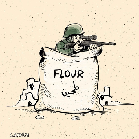 Drawing. In a desolated view of rubble,  an IOF sniper comes out of a huge bag  written FLOUR in English and arabic firing at what we imagine are people rushing with the hope of getting some food