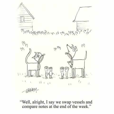 A cartoon illustration of a group of aliens standing in front of a cat robot talking to another group of aliens in a dog robot. Caption reads "Well, alright, I say we swap vessels and compare notes at the end of the week."