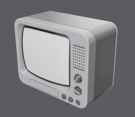 Progress impression of a 3D retro-style television set model.