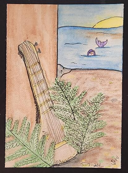 A mermaid spots a sitar abandoned in the ferns