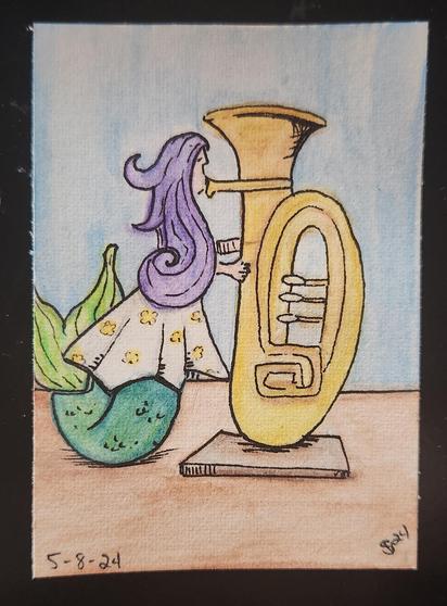 Mermaid in a floral sundress playing a subcontrabass tuba.